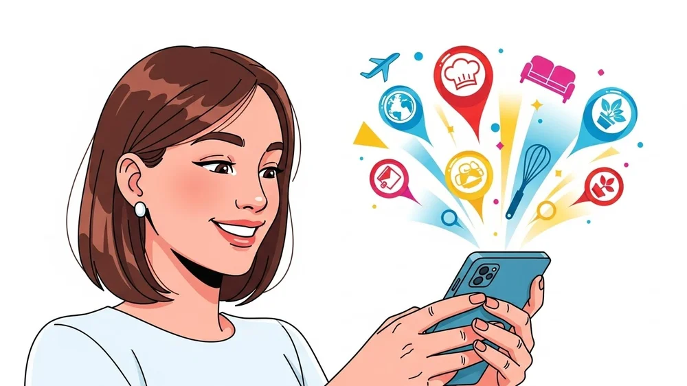 Ilustração de mulher sorrindo com ícones coloridos de diversos temas saindo do celular.