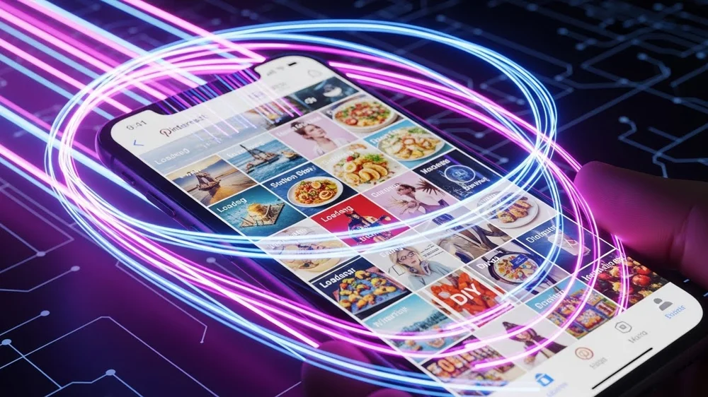 Celular exibindo interface do Pinterest com círculos de luz neon em volta.