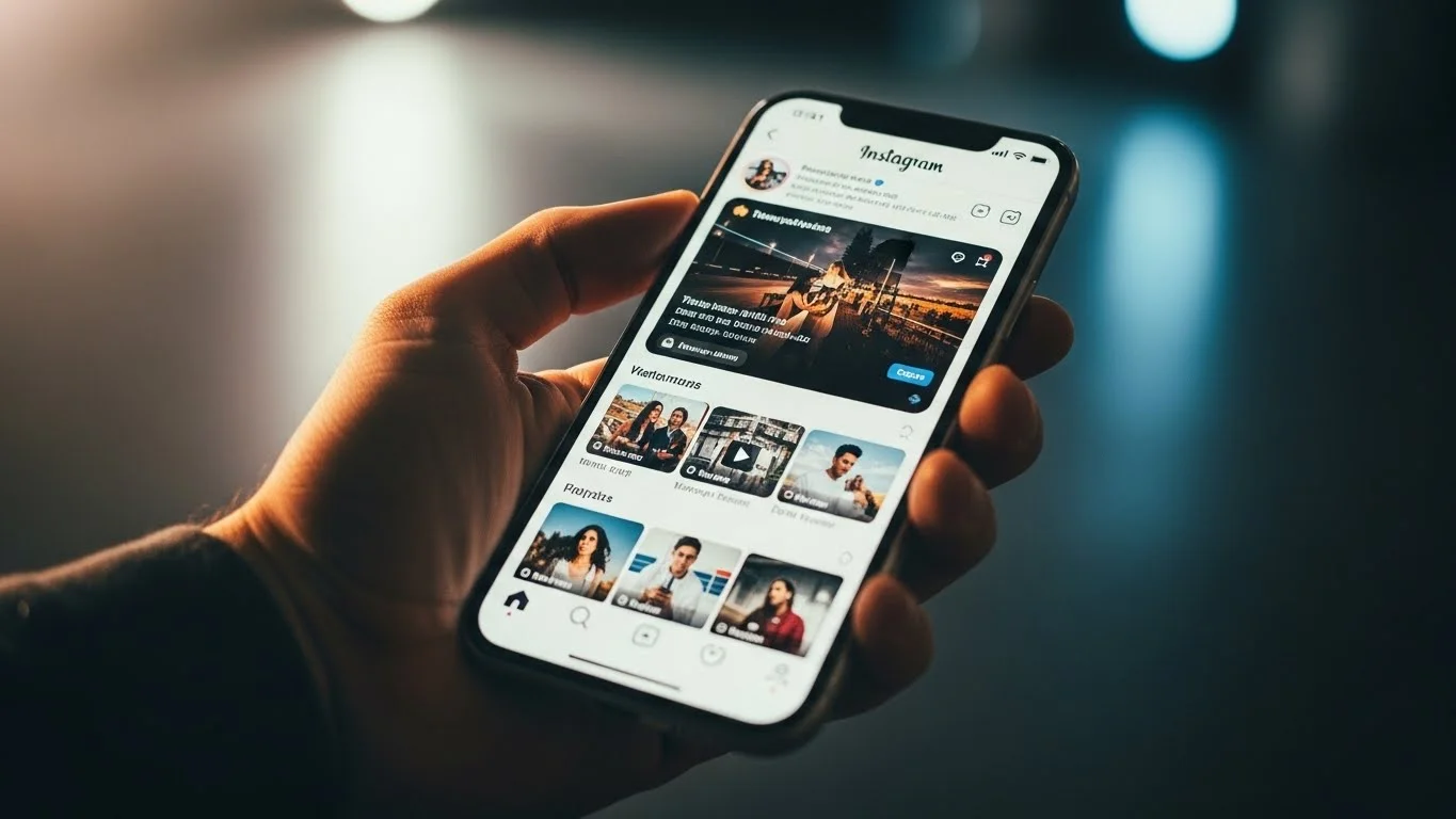 Mão segurando smartphone com o feed do Instagram aberto.