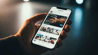 Mão segurando smartphone com o feed do Instagram aberto.