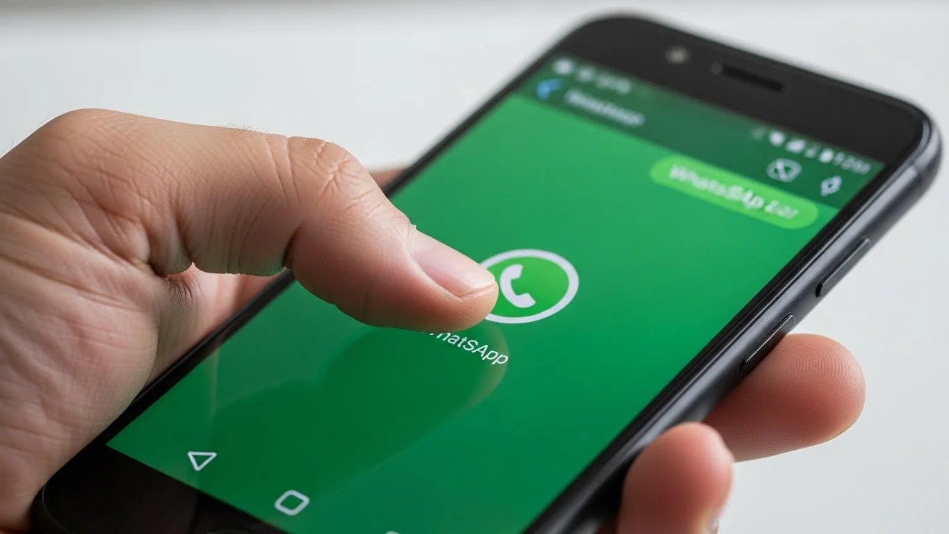 Close de um polegar tocando o ícone do WhatsApp na tela verde de um smartphone preto.