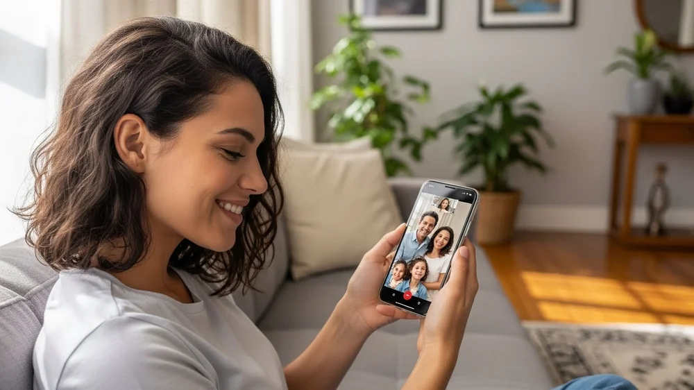 Mulher sorrindo enquanto faz videochamada com a família pelo celular no sofá.