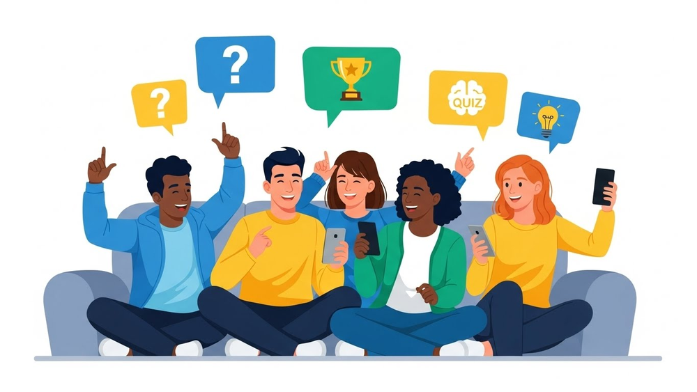 Jovens sentados no sofá usando celulares para jogar quiz.