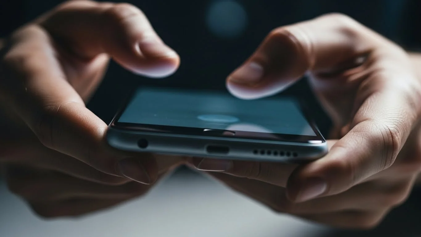 Close-up de mãos utilizando aplicativo em smartphone.