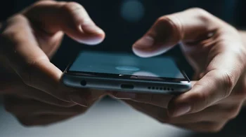 Close-up de mãos utilizando aplicativo em smartphone.