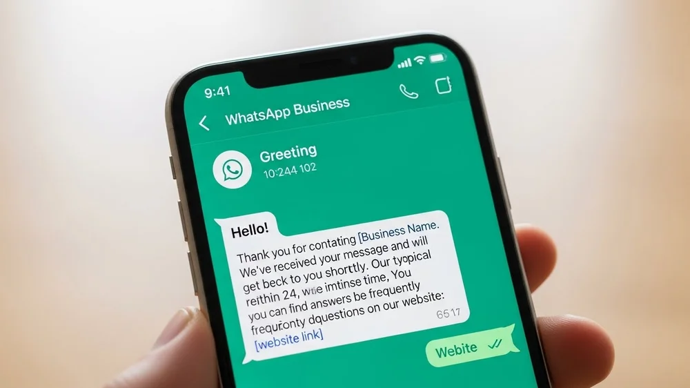 Exemplo de mensagem de saudação automática no WhatsApp.