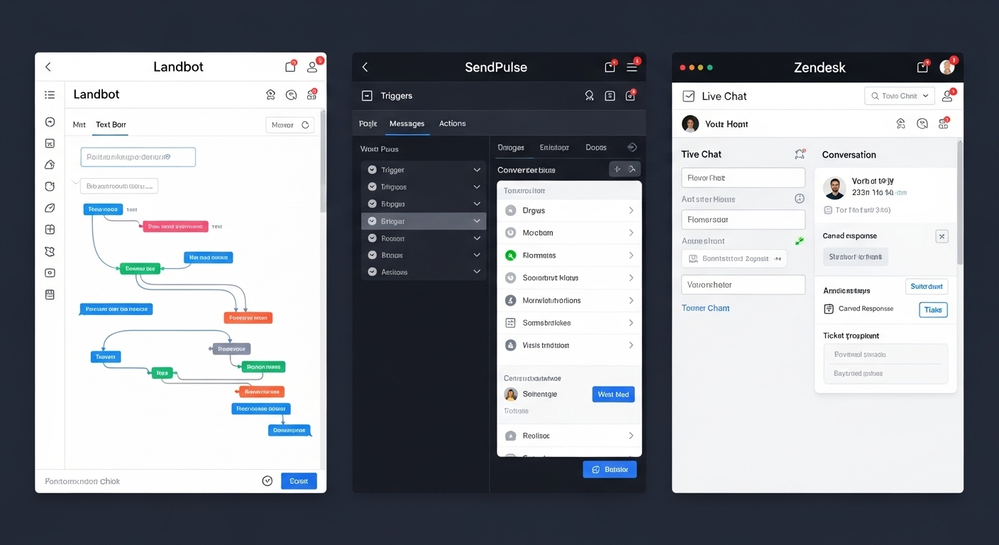 Telas dos sistemas Landbot, SendPulse e Zendesk.