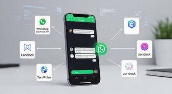 Celular com WhatsApp Business API e logos de integração.
