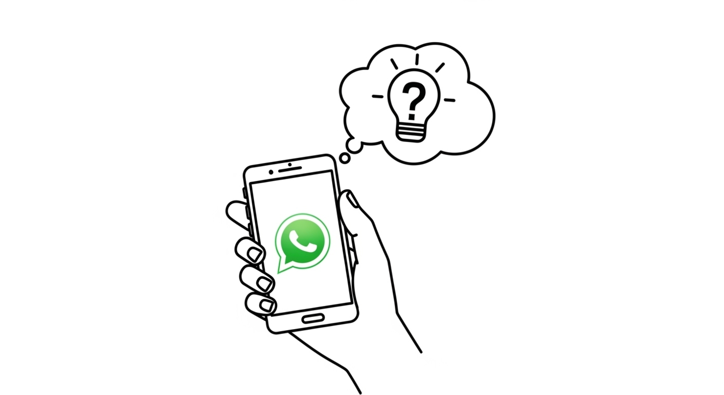 Desenho de mão segurando celular com ícone do WhatsApp.