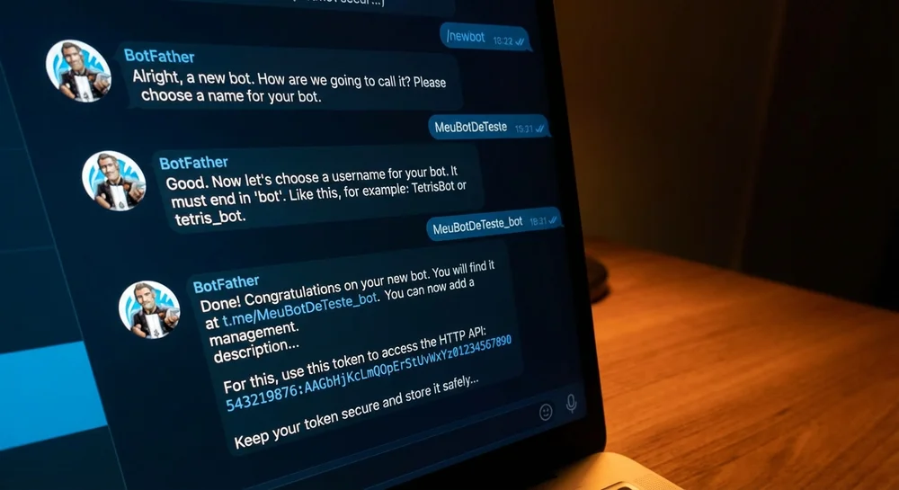 Tela de computador mostrando criação de bot no BotFather do Telegram.