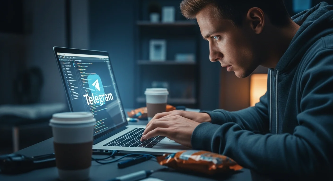 Desenvolvedor programando um bot para Telegram em um laptop.