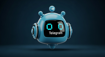 Mascote robô azul com tela escrito Telegram.