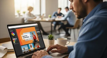 Designer criando layout de coleção de verão no laptop.