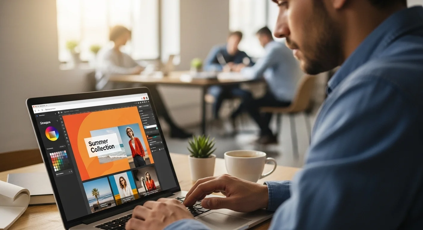 Designer criando layout de coleção de verão no laptop.
