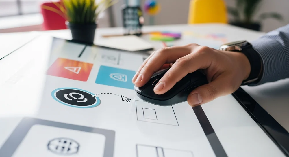 Close da mão de um designer usando mouse em mesa digitalizadora.