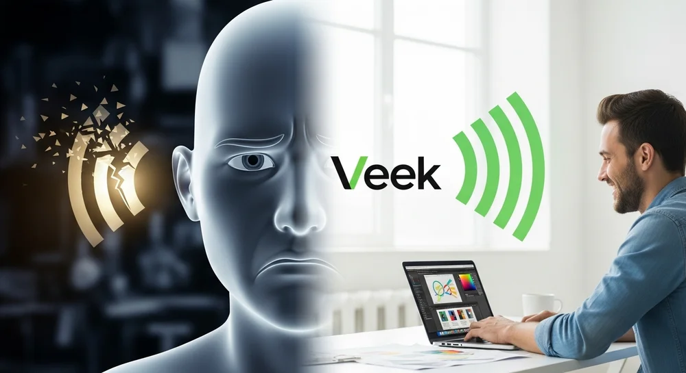 Homem sorrindo no laptop com ícone Veek e face digital triste.