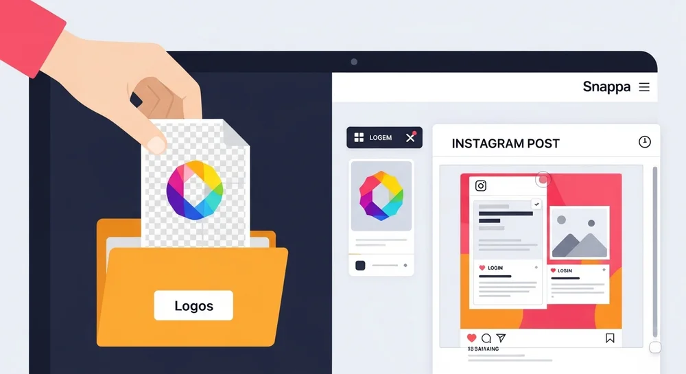 Ilustração de mão organizando pasta de logos para post de Instagram.