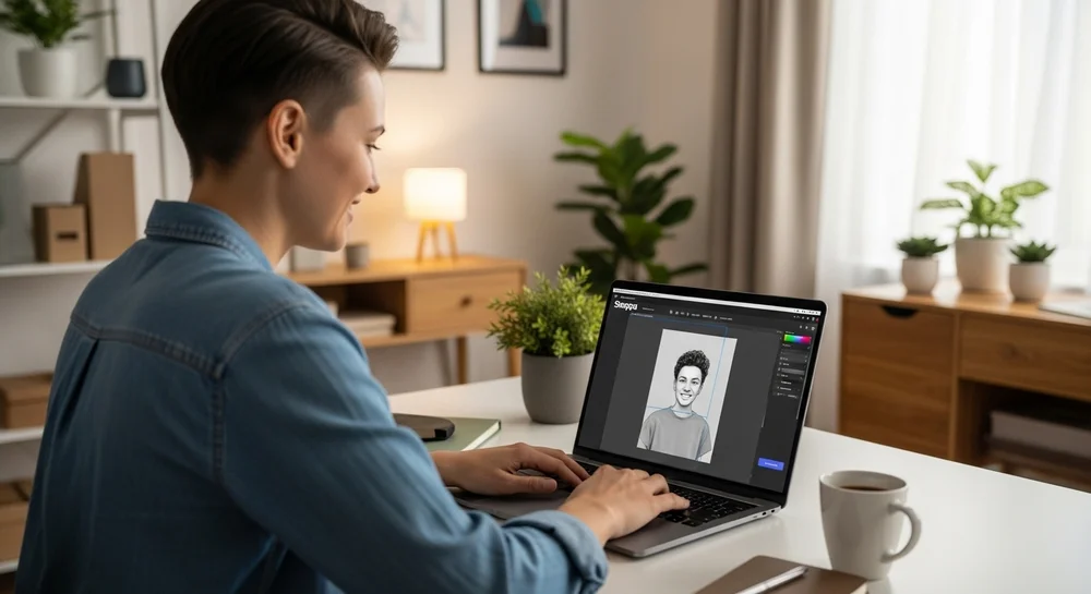 Mulher sorrindo enquanto edita foto em preto e branco no laptop.