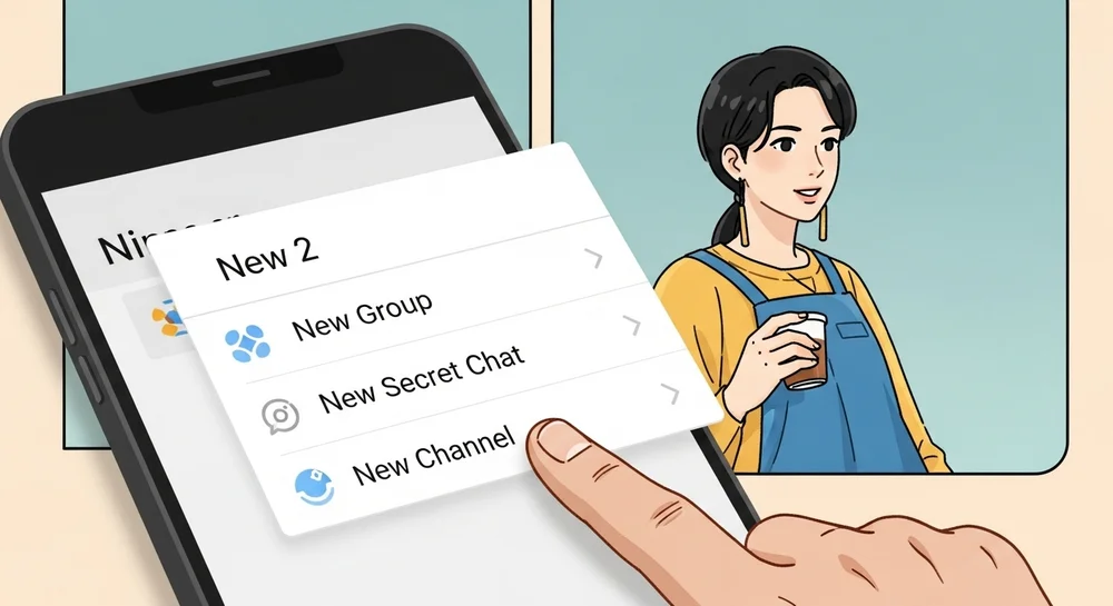 Dedo selecionando opção Novo Canal em menu de smartphone.