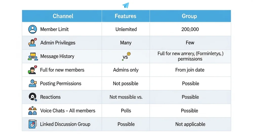 Tabela comparativa entre canais e grupos do Telegram.