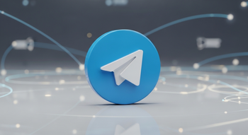 Ícone 3D do Telegram em azul sobre fundo cinza.