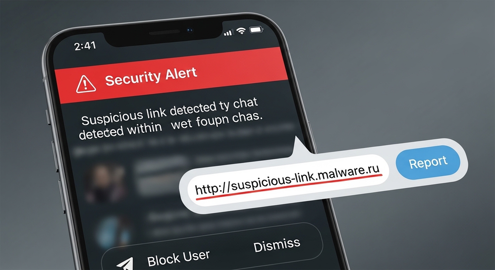 Celular exibe alerta de segurança contra link suspeito.