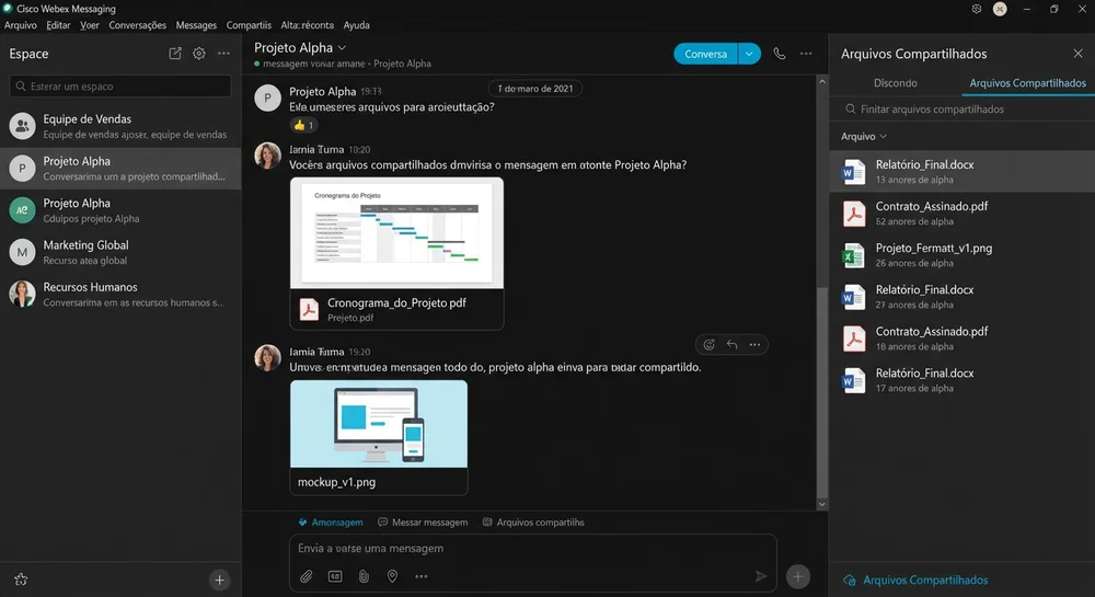 Interface do Cisco Webex com chat e arquivos compartilhados.
