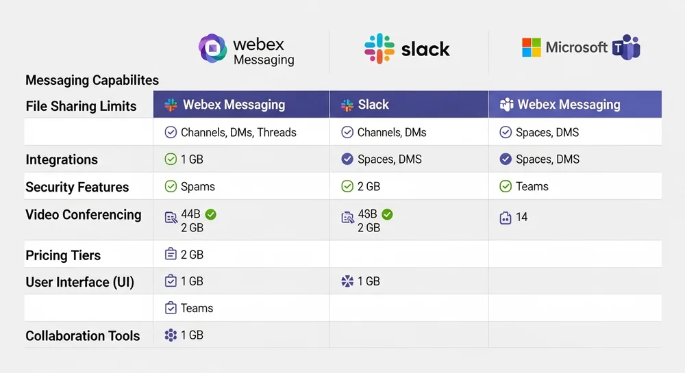 Tabela comparativa Webex Messaging, Slack e Microsoft Teams.