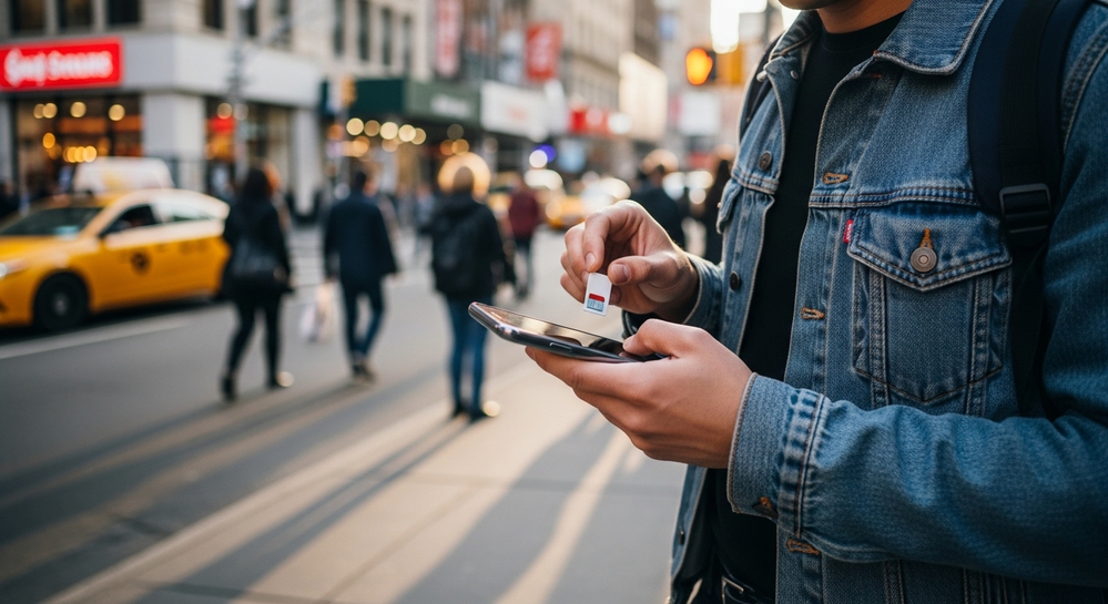Homem insere chip SIM no celular em rua movimentada.