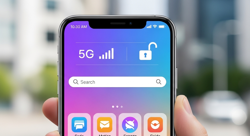 Tela de celular com ícone de rede 5G e cadeado aberto.