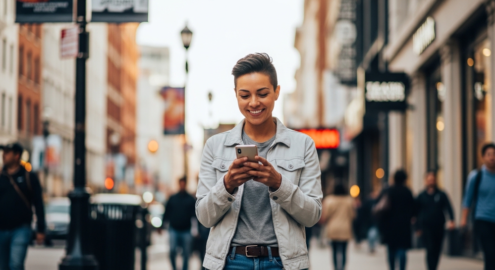 Pessoa sorri ao usar celular em rua movimentada da cidade.