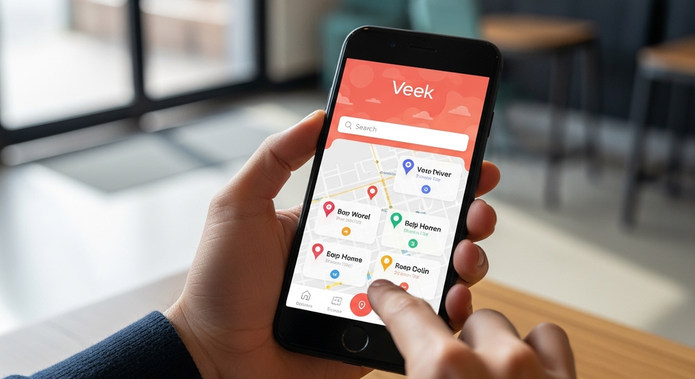 Celular exibe mapa do app Veek com pontos de interesse.
