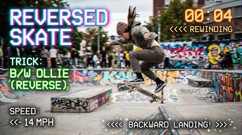 Skatista no ar em um park com interface de edição estilo videogame retrô e textos coloridos.