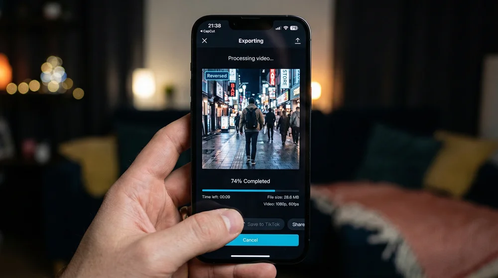 Mão segurando celular que exibe a tela de exportação de vídeo do CapCut em 74% de progresso.