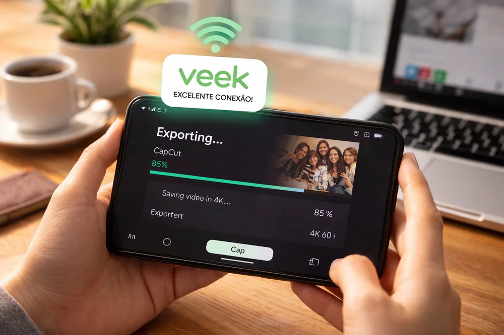 Celular na horizontal exportando vídeo em 4K com selo da operadora Veek indicando excelente conexão.