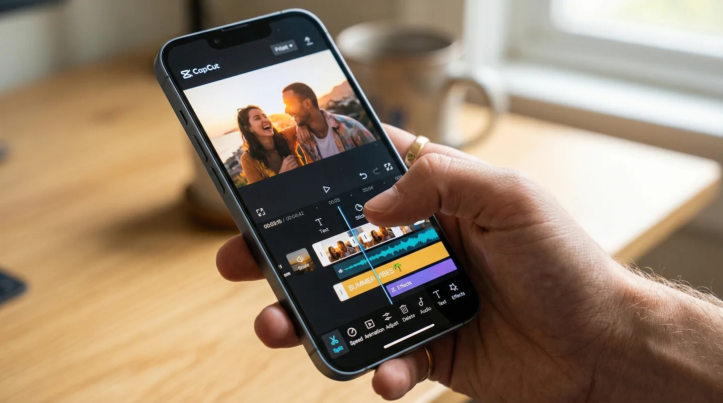 Pessoa editando vídeo de casal no celular com app CapCut.