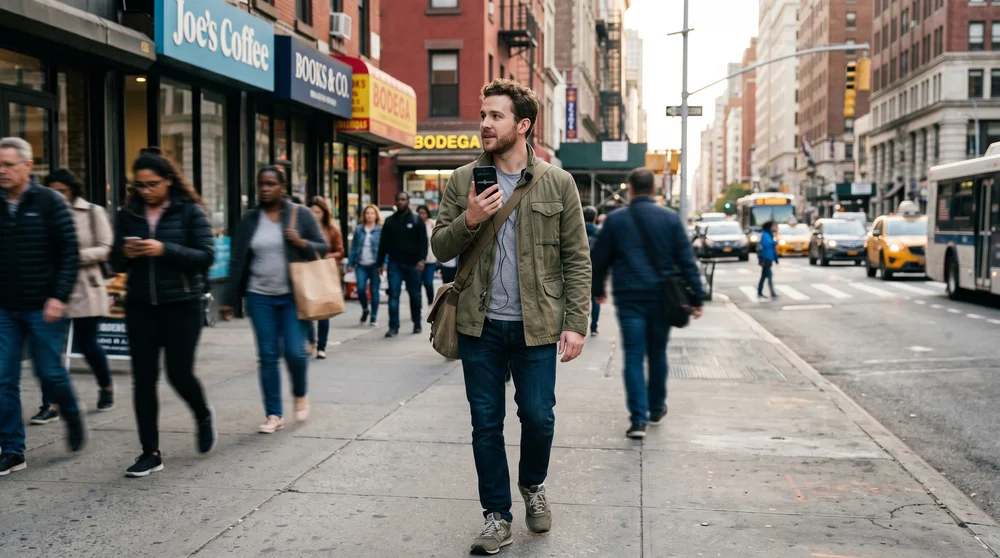 Homem caminhando em calçada movimentada de Nova York segurando celular.