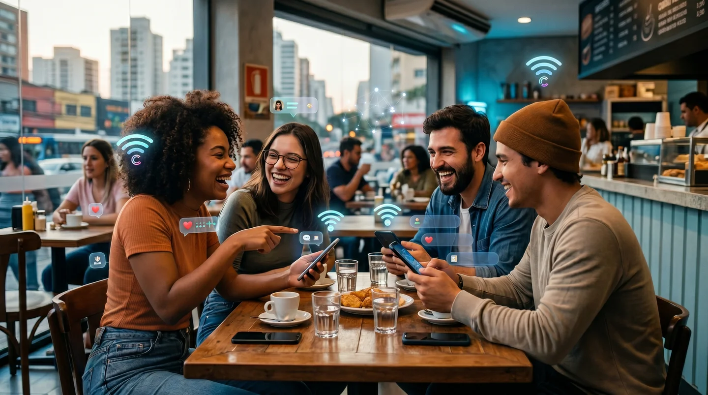 Grupo de amigos rindo em café com ícones flutuantes de Wi-Fi e notificações de redes sociais.
