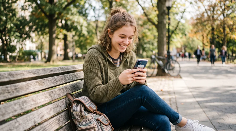 Uma pessoa jovem sorrindo enquanto usa o celular sentada em um banco de madeira no parque com uma mochila ao lado.