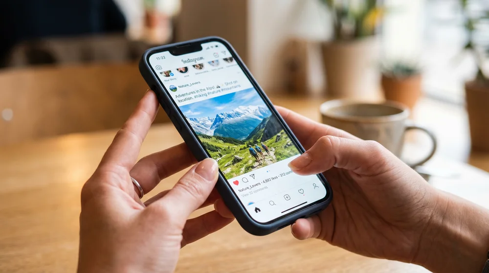 Close-up de mãos segurando um smartphone exibindo uma foto de montanhas no feed do Instagram.