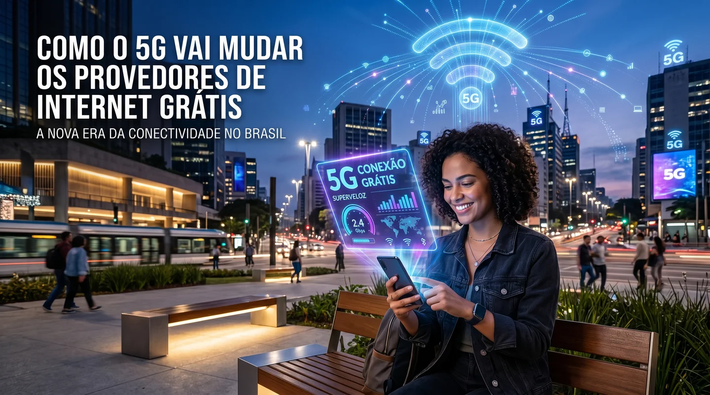 Mulher sentada em banco de praça à noite usando interface holográfica 5G em ambiente urbano futurista.
