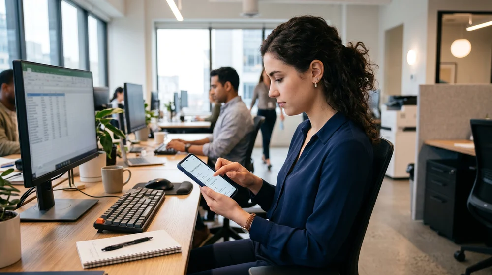Mulher ajustando configurações de rede no celular em escritório.