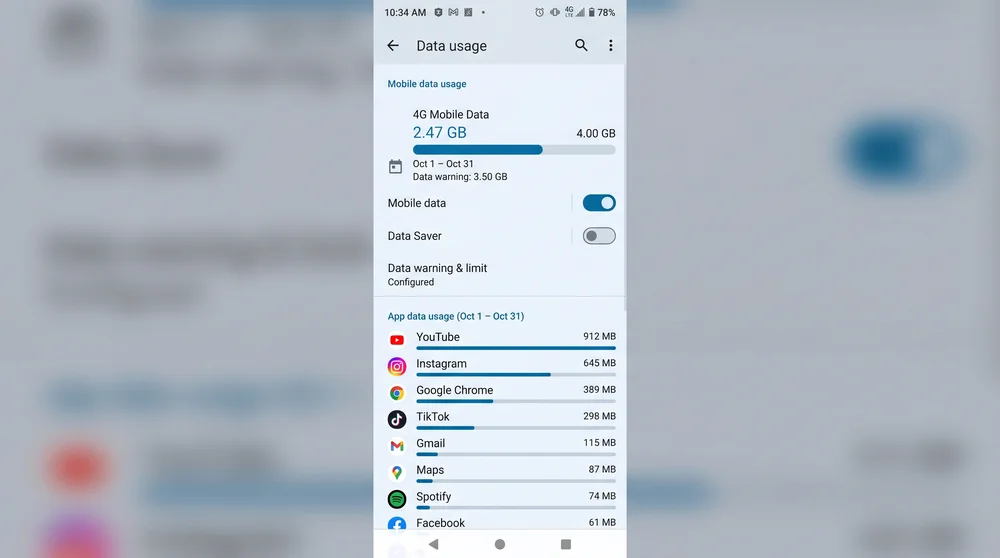 Captura de tela do menu de uso de dados móveis no Android.