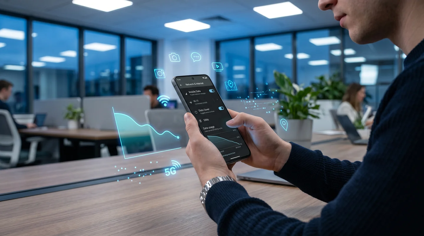 Pessoa usando smartphone com hologramas de dados e ícone 5G.