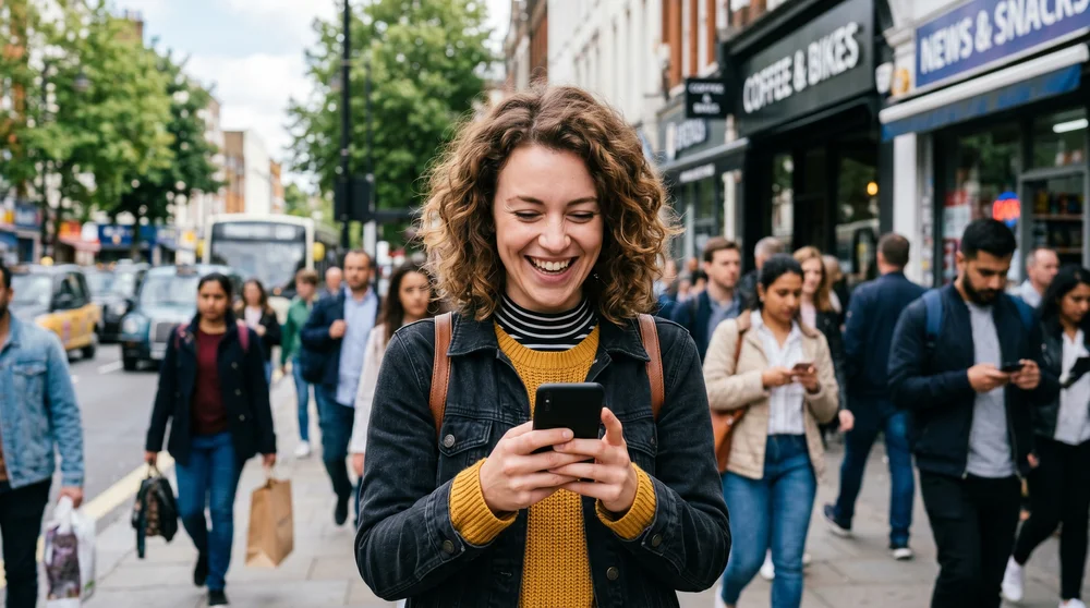 Mulher sorrindo ao usar o celular em rua movimentada da cidade.