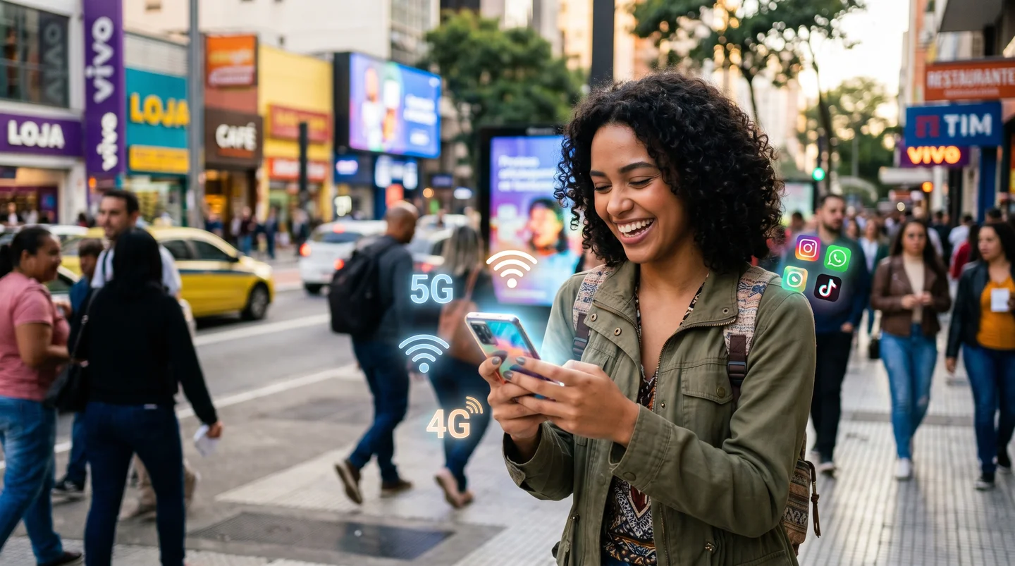 Mulher sorrindo ao usar celular com ícones de 5G, 4G e redes sociais.