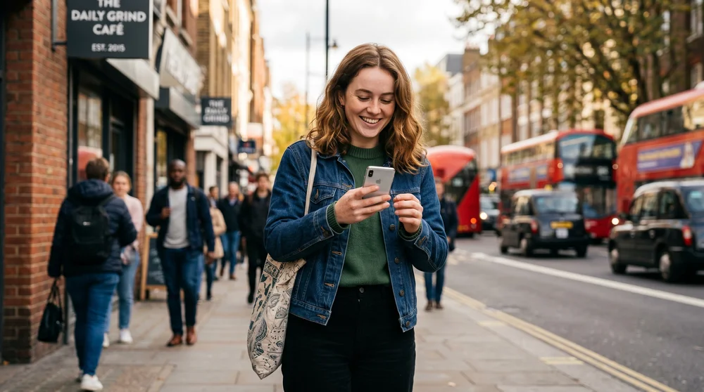 Mulher sorri ao usar celular em calçada movimentada de Londres.