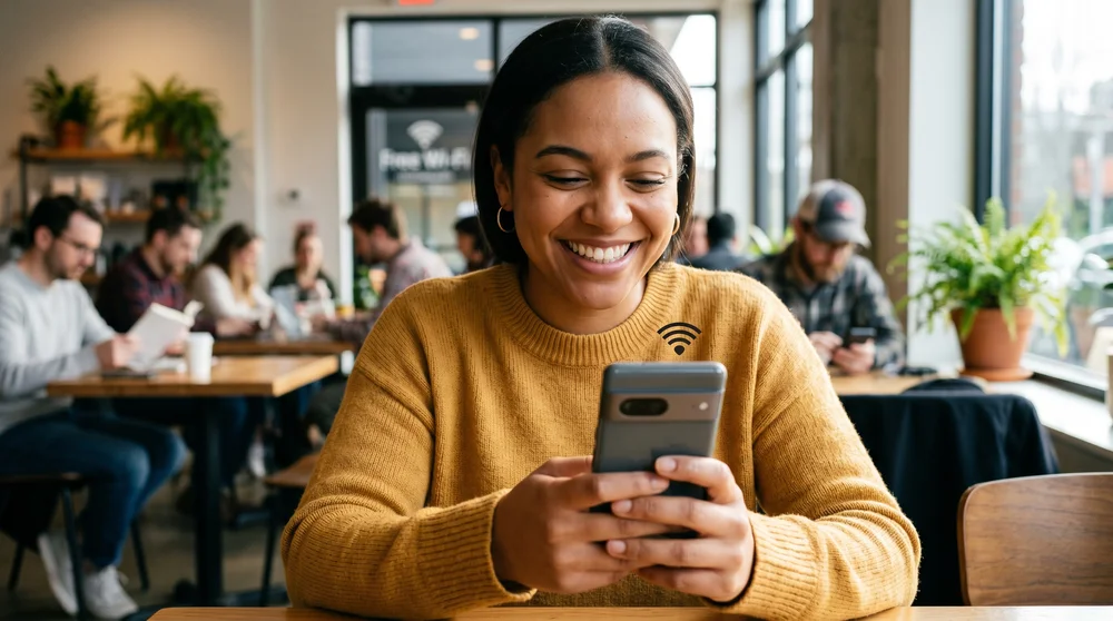 Mulher sorrindo em cafeteria usa celular conectado ao Wi-Fi.