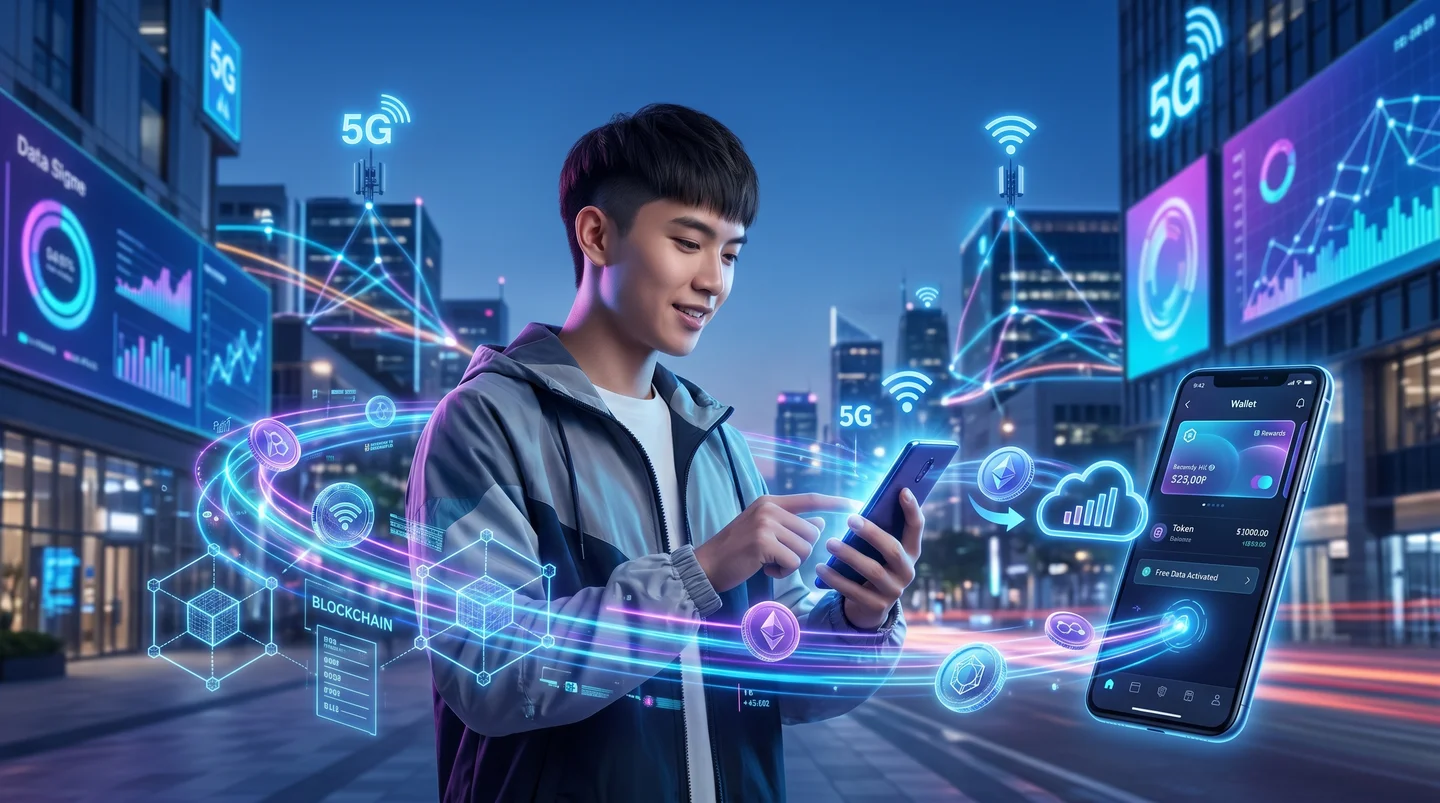 Jovem usa smartphone em cenário urbano com hologramas de 5G e blockchain.
