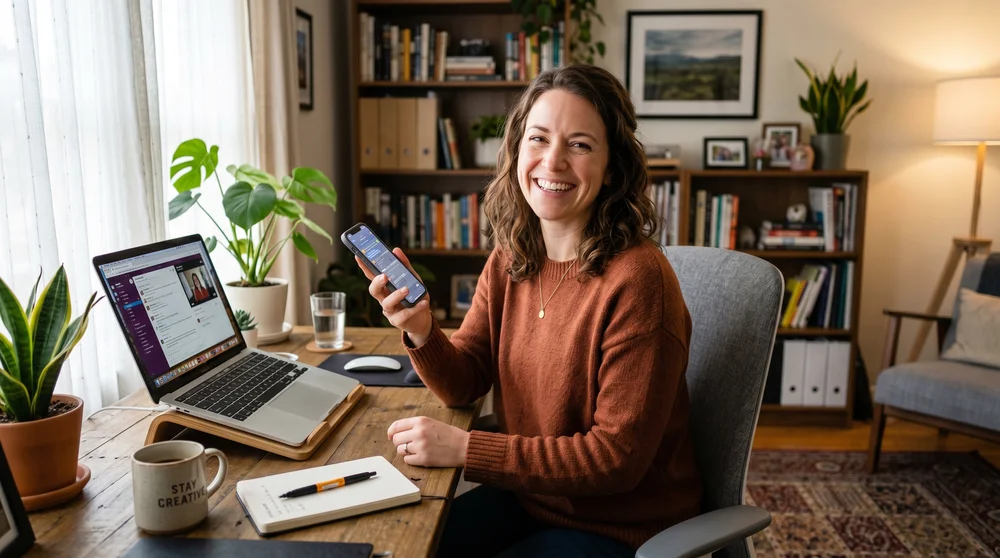 Mulher sorrindo em home office com notebook e celular.